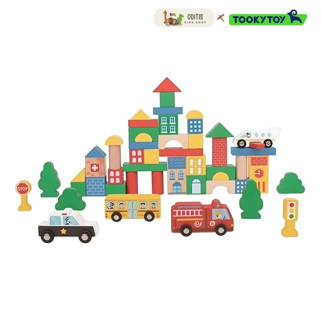 Tooky Toy TH451 บล็อกไม้สร้างเมือง 50 ชิ้น City Block ตัวต่อไม้ รถ ยานพาหนะ ต้นไม้ สัญญาณไฟ มอนเตสซอ