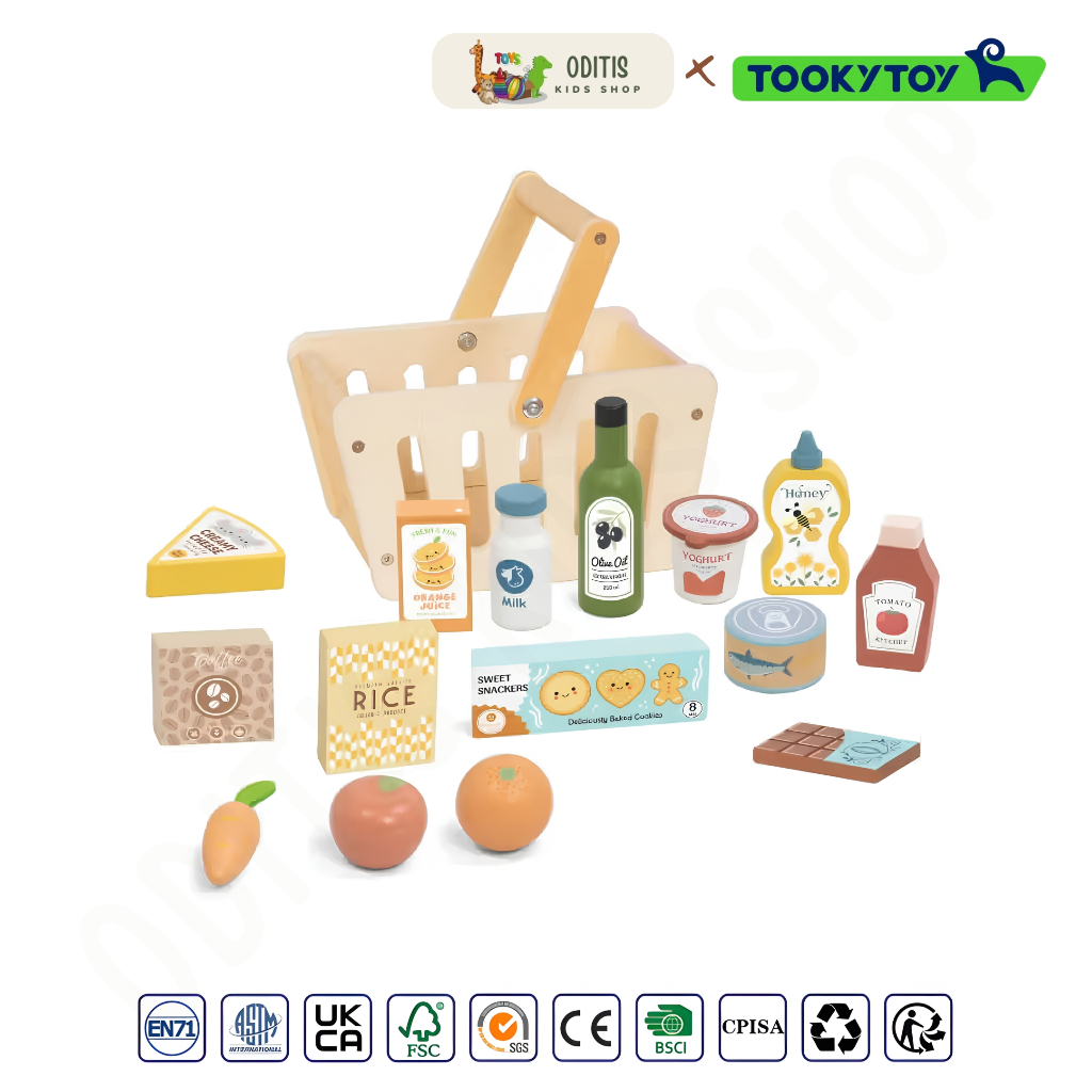 Tooky Toy TP565 ชุดตะกร้าช้อปปิ้งไม้พร้อมของชำ Grocery Set ของเล่นบทบาทสมมติ เสริมพัฒนาการ มอนเตสซอรี 3Y+