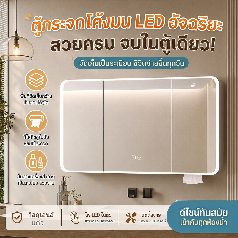 LEDตู้กระจกห้องน้ำอัจฉริยะทรงกลม ที่วางกระดาษทิชชู่แยก ชั้นวางเครื่องสำอางติดผนังห้องน้ำ รวมกัน ตู้เก็บของในห้องน้ำ