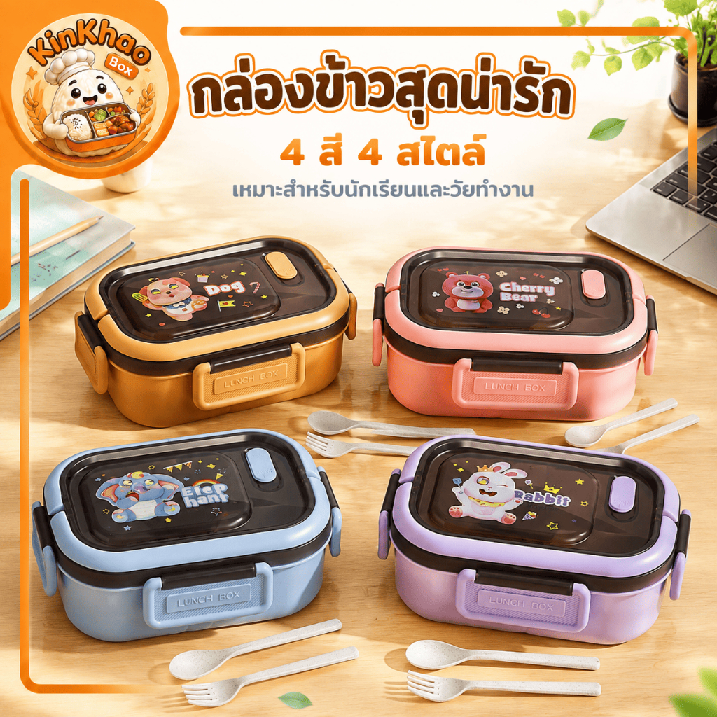 [พร้อมส่ง] กล่องข้าวน่ารัก ลายการ์ตูน 4 สี พร้อมช้อนส้อม ฝาใส กล่องข้าวไปโรงเรียน ปิ่นโต