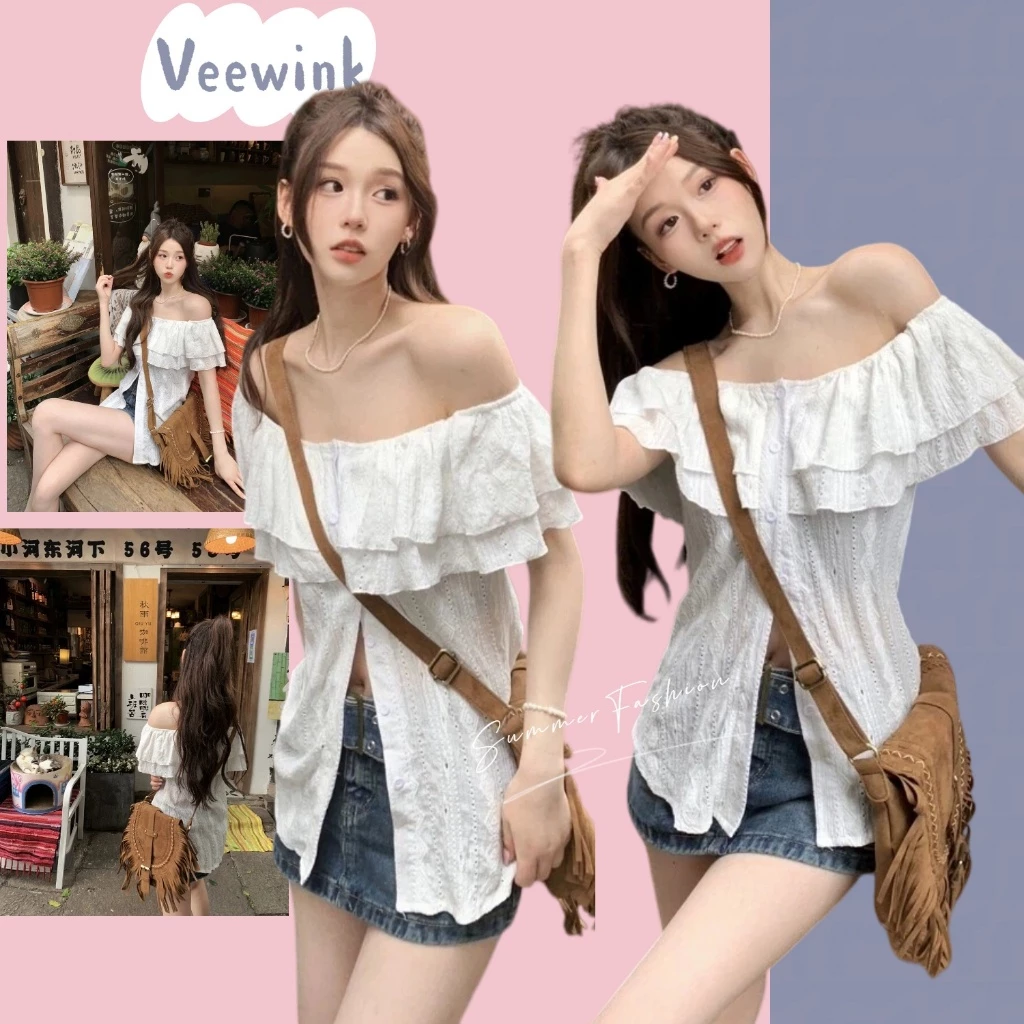 Veewink พร้อมส่ง🔥เสื้อท่อนบน เสื้อเบลาส์ผู้หญิง มีกระดุม แต่งระบาย สีพื้น สไตล์ลำลอง