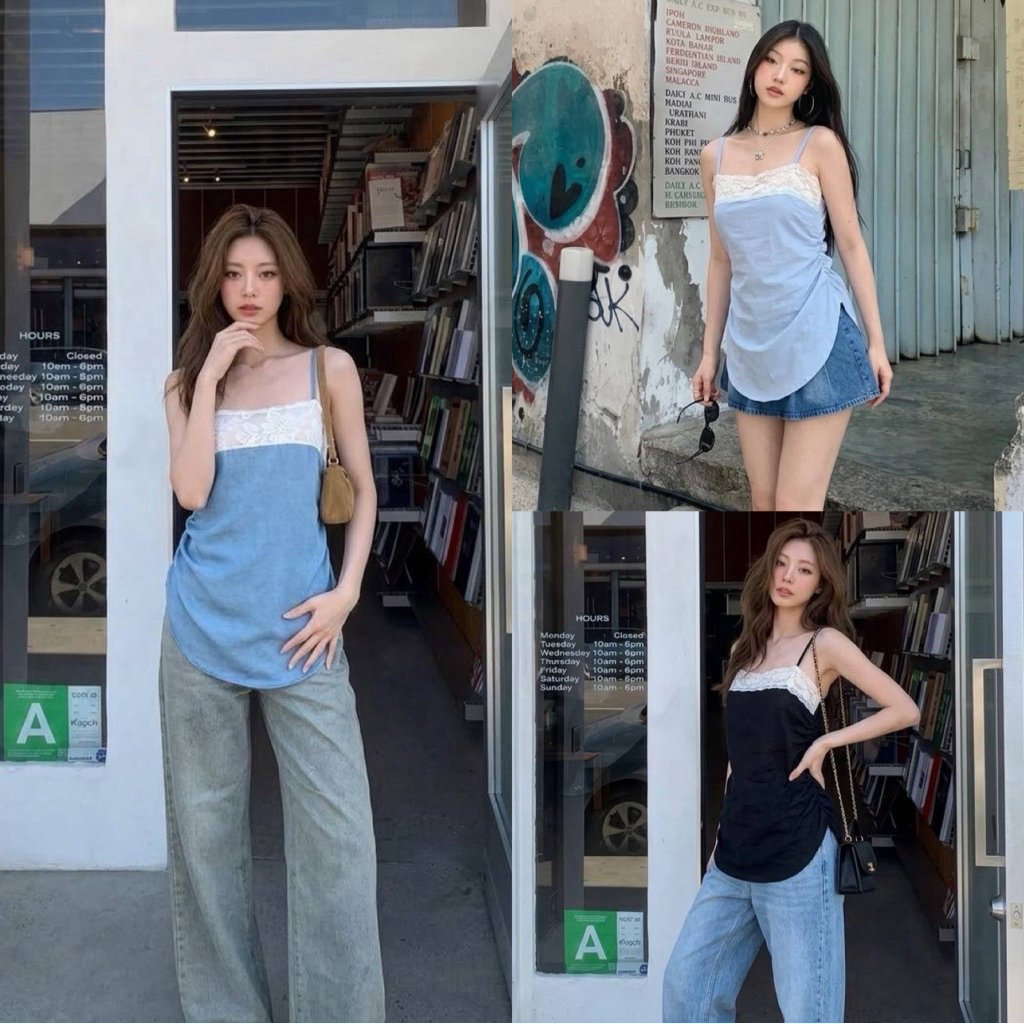 เสื้อสายเดี่ยวแต่งขอบลูกไม้ ผ้านิ่มเกรดพรีเมียม ทรงสวย ดีเทลรูดข้าง สไตล์เกาหลี