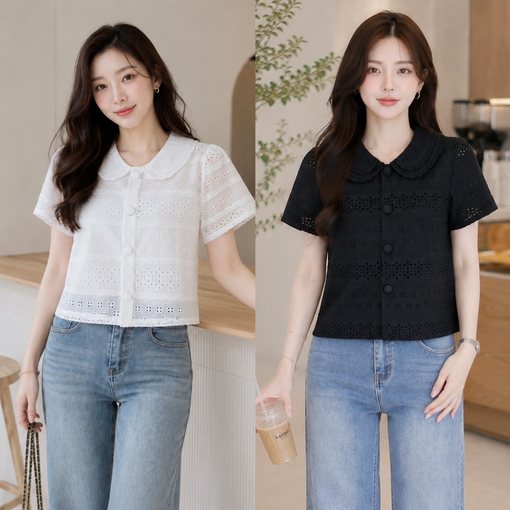 [S-XXL]เสื้อคอบัวลูกไม้ทรงครอปผ้าคอตตอลฉลุ*มีซับใน.