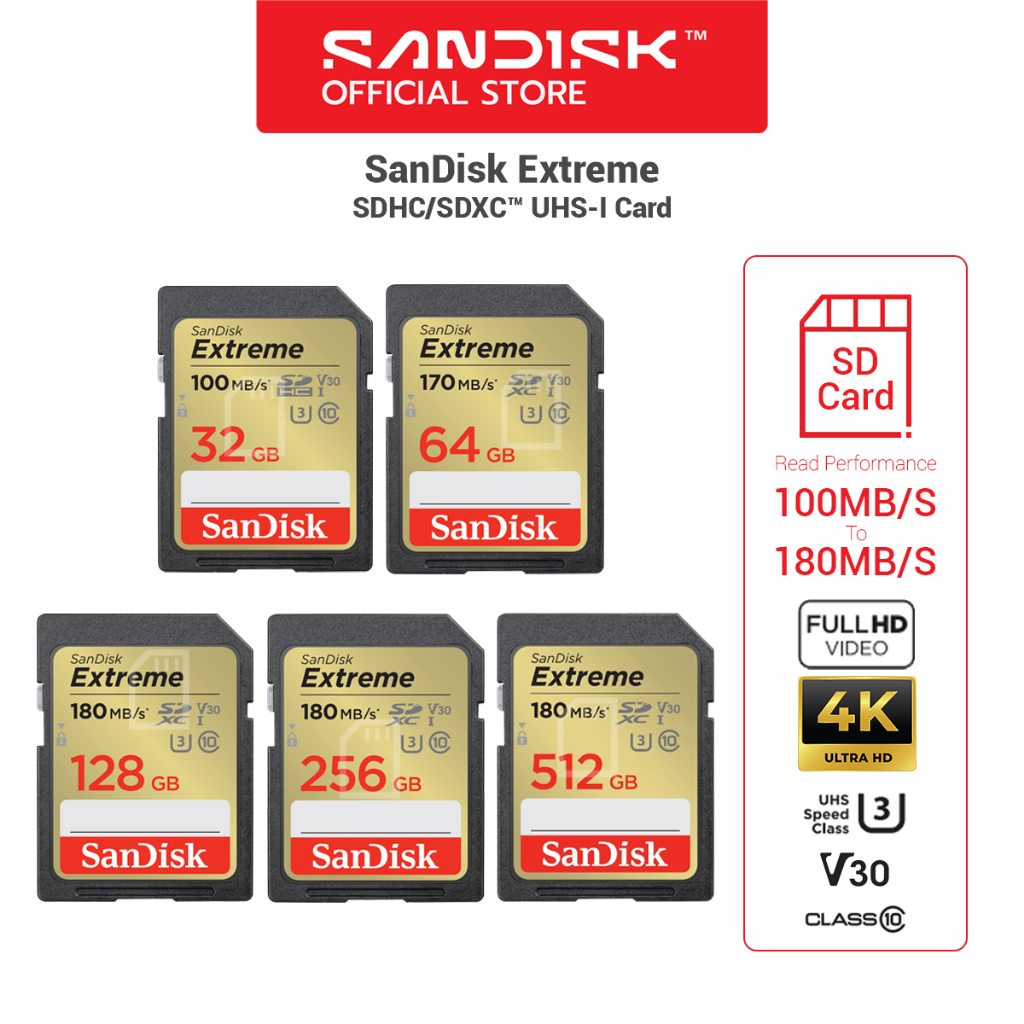 SanDisk Extreme SD Card SDHC SDXC 32GB , 64GB ,128GB , 256GB (SDSDXVT) เมมโมรี่การ์ด SDCARD Lifetime