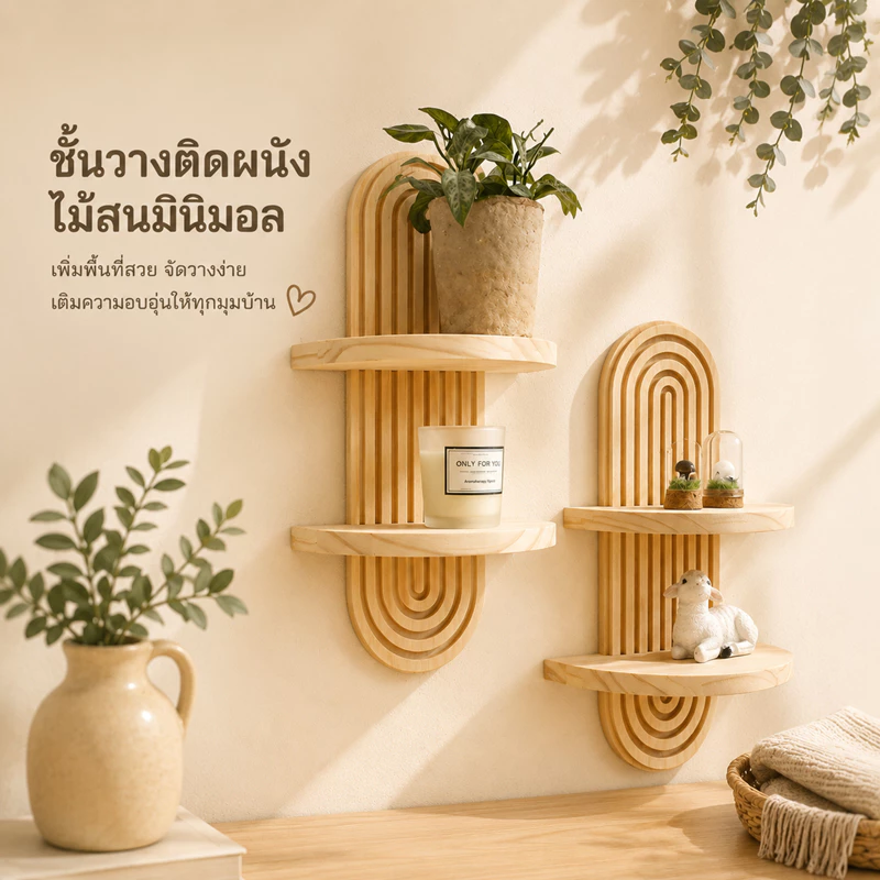 ชั้นวางไม้ติดผนัง มินิมอล ดีไซน์โค้ง สไตล์ญี่ปุ่น ดีไซน์อาร์คโค้ง ชั้นไม้ติดผนัง ดีไซน์สวย วางของโชว์ ประหยัดพื้นที่