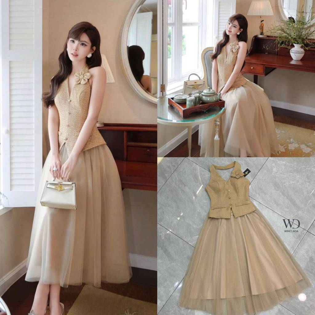 Wine'Lada Set 3 Pcs. เช็ทเสื้อคล้องคอซิปหลัง มาพร้อมกระโปรงมุ้งสีเข้าเซ็ท