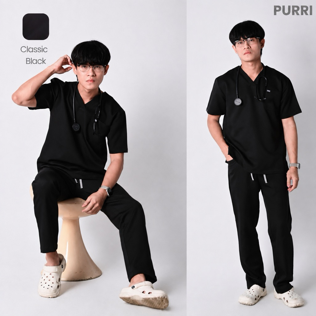 PURRI (Men) ชุดสครับทางการแพทย์ รุ่น Classic สี Black (รวมเสื้อและกางเกง) ชุดหมอ ชุดผ่าตัด