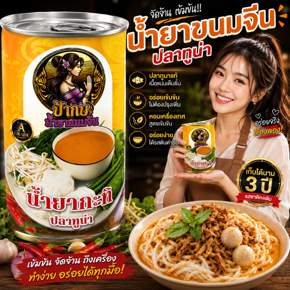 น้ำยาขนมจีนแพ็คคู่ แบบกระป๋องสำเร็จรูปพร้อมทาน รสชาติหอมเครื่องเทศ เก็บได้นาน 3 ปี ผลิตจากปลาทูน่า มีฮาลาล