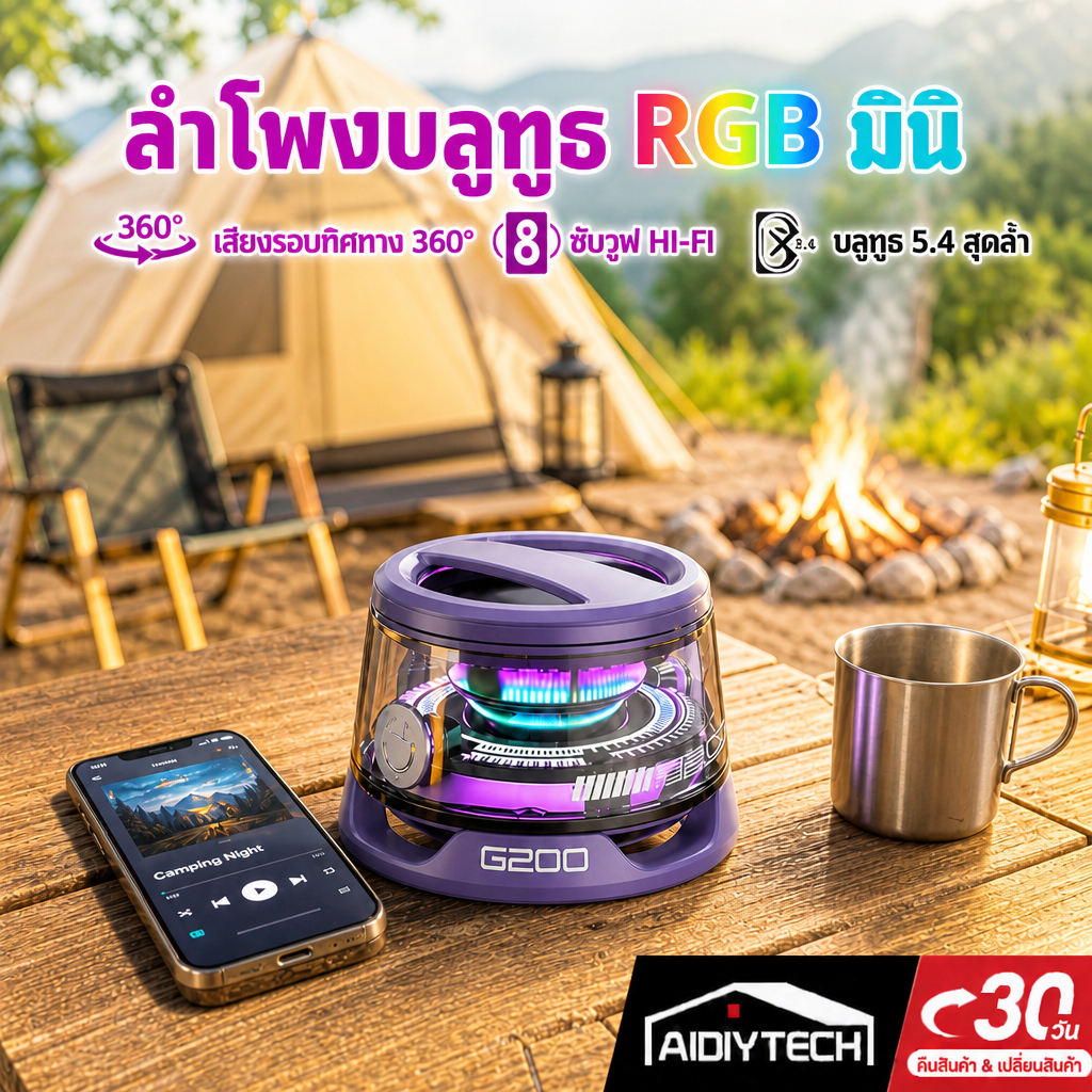 AIDIY ลำโพงบลูทูธ G200 ลำโพงไร้สาย ไฟ RGB วิ่งตามจังหวะ เบสหนัก เสียงดี360องศา ลำโพงพกพา บลูทูธ 5.4 