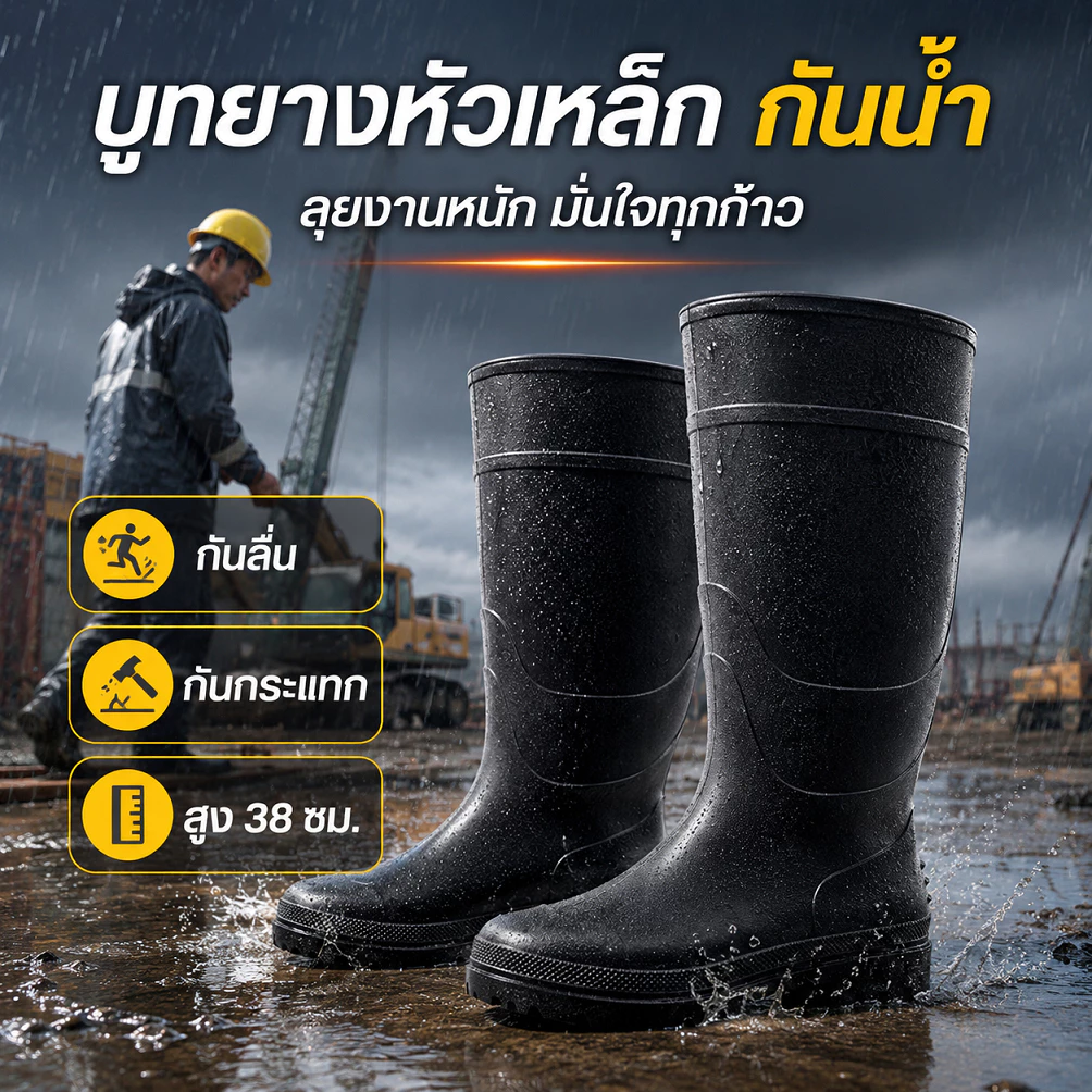รองเท้าบูทเซฟตี้หัวเหล็กกันน้ำ สูง 38 ซม. พื้นกันลื่น สำหรับงานก่อสร้าง โรงงาน งานช่าง และพื้นที่เปียก