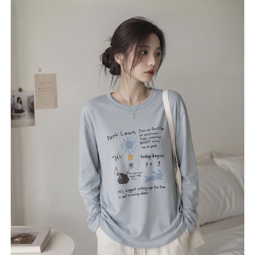 เสื้อยืดคอกลมแขนยาวสกรีนลาย ผ้าคอตตอนเนื้อนุ่ม ยืดหยุ่นได้ดี ใส่สบาย