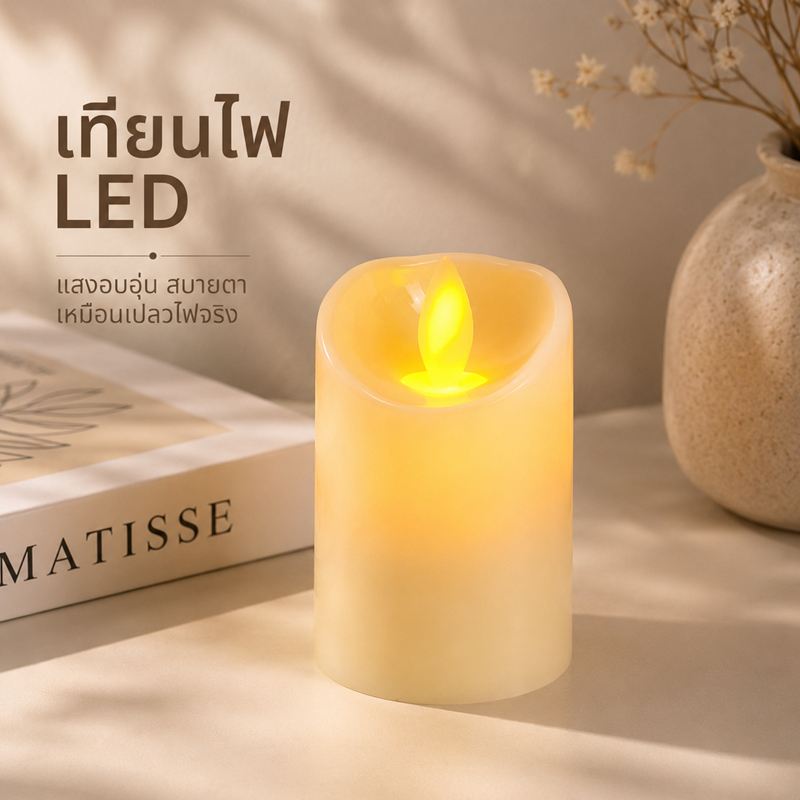 เทียนตกแต่งมินิมอล ใช้ถ่านกระดุม รูปทรงสวย ใช้ถ่าน เปิดไฟได้ สว่างนุ่มนวล พร้อมแบตเตอรี่ โคมไฟเทียน เทียนมินิมอล