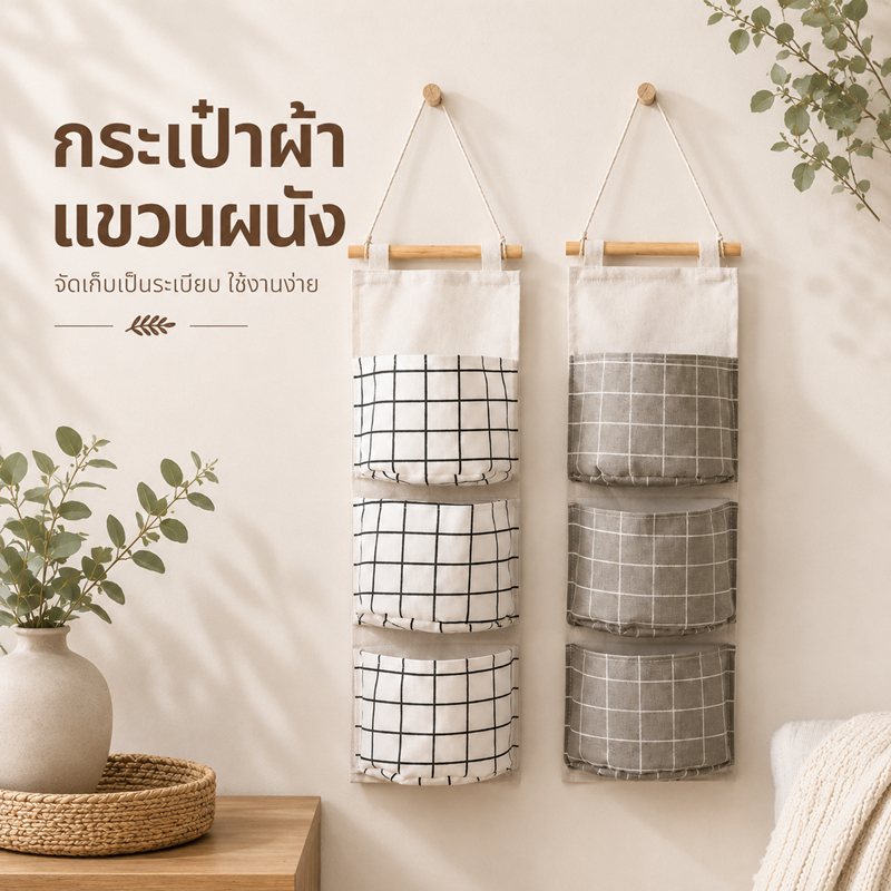 กระเป๋าผ้าลินนิน ที่เก็บของแบบแขวน 3ช่อง ที่แขวนผนัง ถุงแขวนเก็บของ กระเป๋าแขวน ถุงเก็บของ กระเป๋าแขวนของ