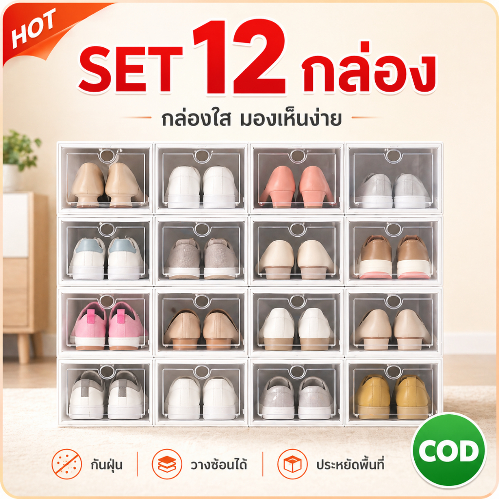 กล่องรองเท้า กล่องเก็บรองเท้า กล่องรองเท้าใส กันฝุ่น วางซ้อนได้ ประหยัดพื้นที่ จัดระเบียบรองเท้า ใช้งานง่าย พร้อมส่ง
