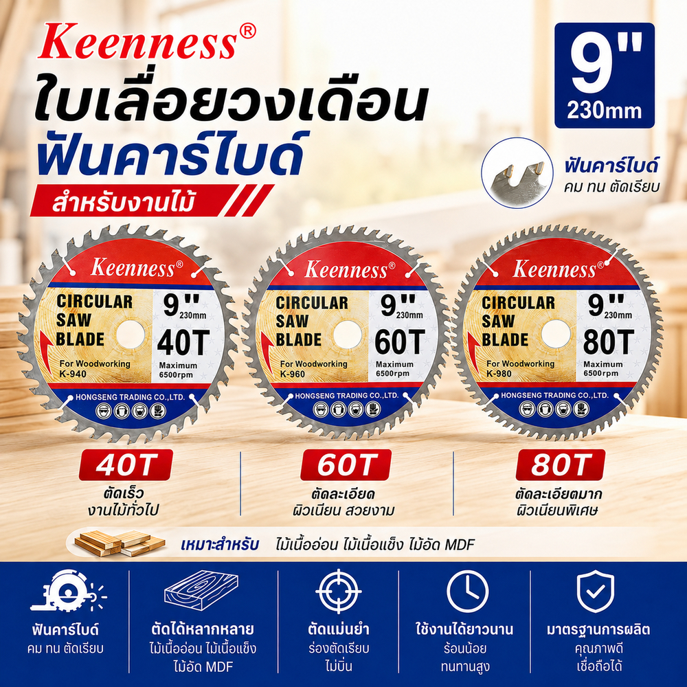 Keenness ใบเลื่อยวงเดือน 9 นิ้ว ตัดไม้ 40T 60T 80T ฟันคาร์ไบด์ ตัดเรียบเนียน ไม่บิ่น ทนความร้อน