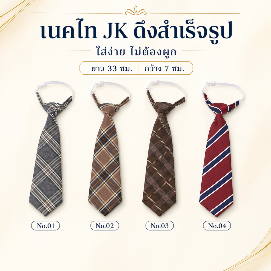 เนคไทด์ลายสก็อต เนคไทผู้หญิงผู้ชายสไตล์ญี่ปุ่น jk tie เนคไทด์นักเรียนไม่ต้องผูก เนคไทด์ลายทาง ยาว 33 ซม
