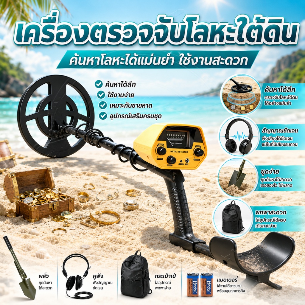 GTX5030 เครื่องตรวจจับโลหะ เครื่อง ใช้ง่าย มีโหมดตัดโลหะออก ความไวแสงสูง แบบปรับได้ กันน้ำ ความลึก50ซม.รองรับหูฟัง