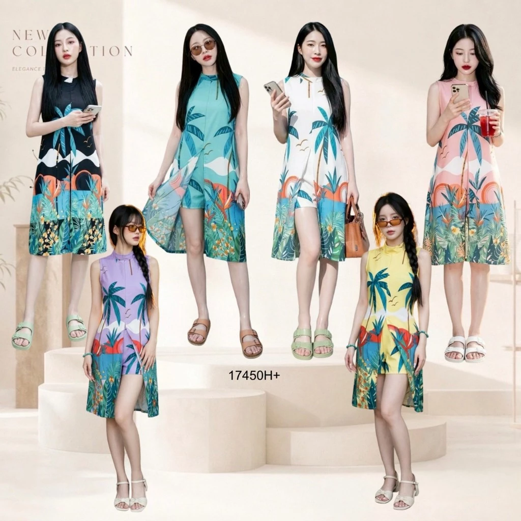 Set 2 ชิ้น เสื้อแขนกุดตัวยาว ผ่าหน้า พิมลาย + กางเกงขาสั้นพิม TT17450