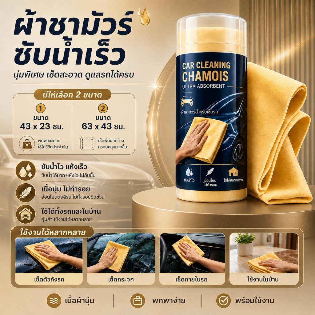 ผ้าชามัวร์ 43×23cm. / 63×43cm. เกรดพรีเมี่ยม ชามัวร์แท้ เเห้งไว ไม่ทำรอย ใช้เช็ดรถ กระจก และภายในรถ ใช้ได้ทั้งรถยนต์