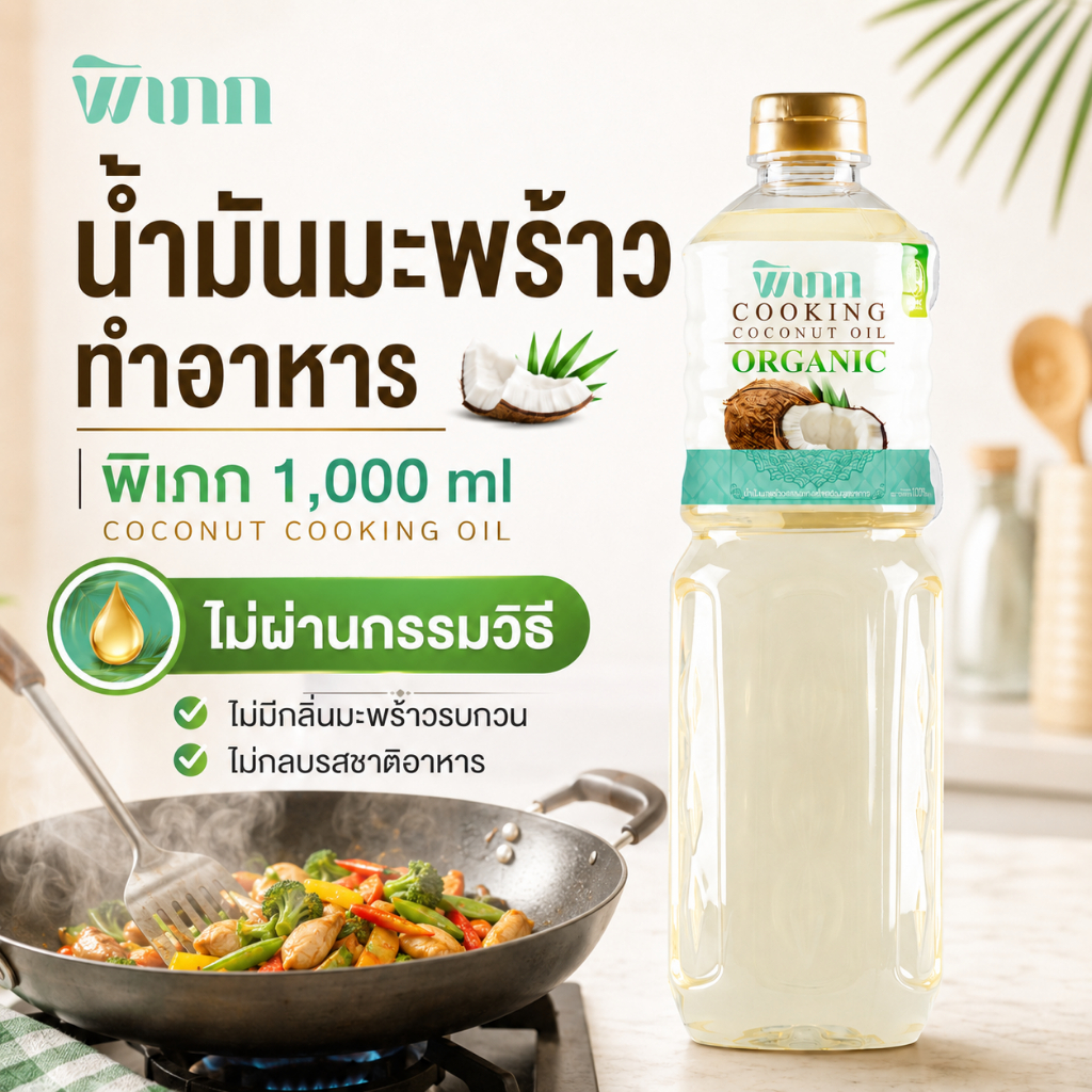 น้ำมันมะพร้าวทำอาหาร พิเภก 1000ml Coconut Cooking Oil ออร์แกนิค ไม่ผ่านกรรมวิธี ไม่มีกลิ่นมะพร้าว