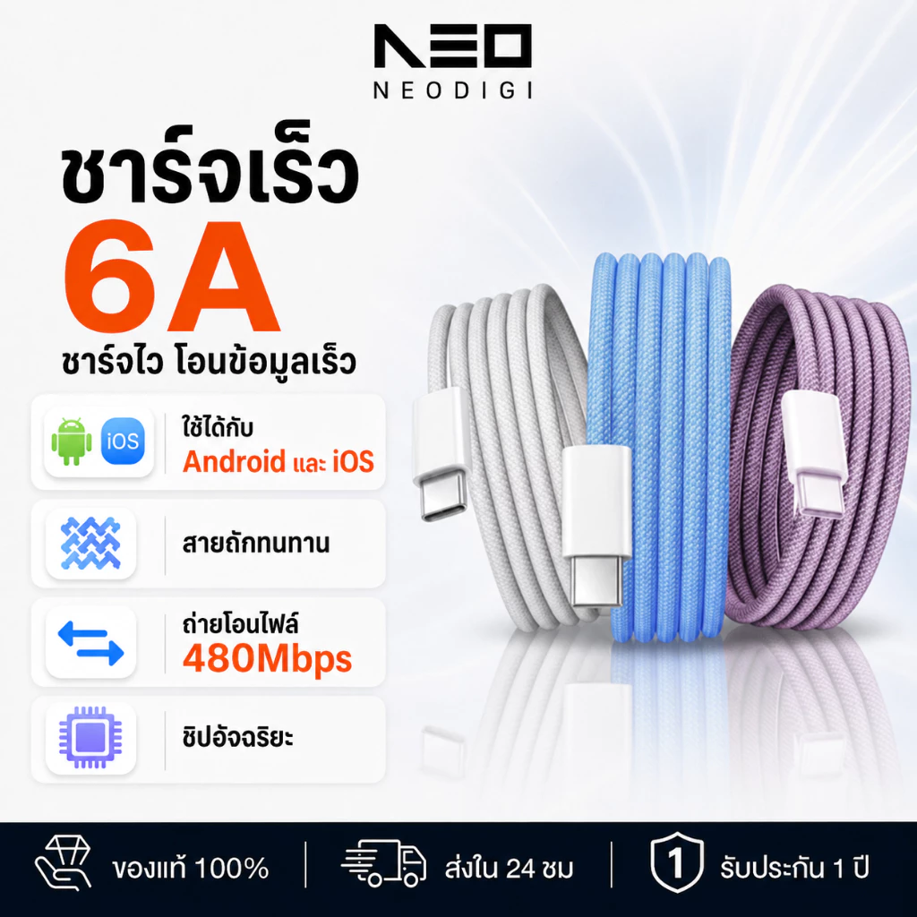 NEODIGI Fast charging 6A ชาร์จเร็ว 50W PD สายชาร์จ สายชาร์จ Type-C to Type-C สายชาร์จเร็ว 1 เมตร สายชาร์จถักเปีย