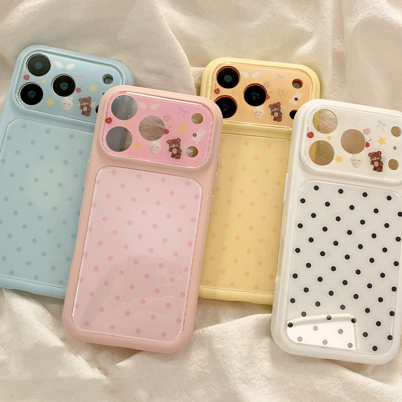 สำหรับ iPhone 13 16 15 17 14 11 12 Pro Max 16 14 15 Plus เคสมือถือลายจุดหมีการ์ตูนน่ารัก กรอบเลนส์กว้างป้องกันการตก