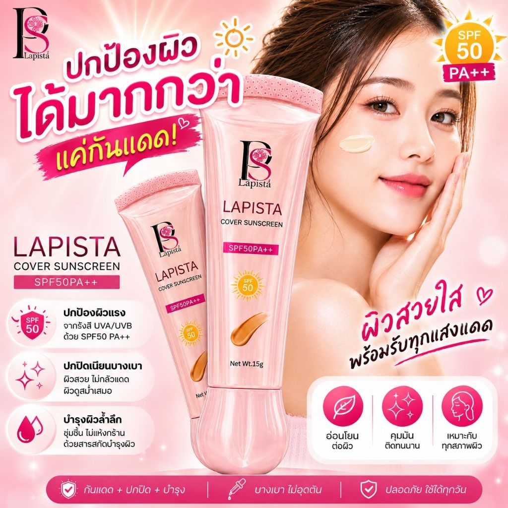 Lapista กันแดดแป้งแมท Cover Sun SPF50 PA+++ ปกปิด ปกป้อง พร้อมบำรุง สำหรับผิวที่ต้องการปกปิดและปกป้องจากแสงแดด