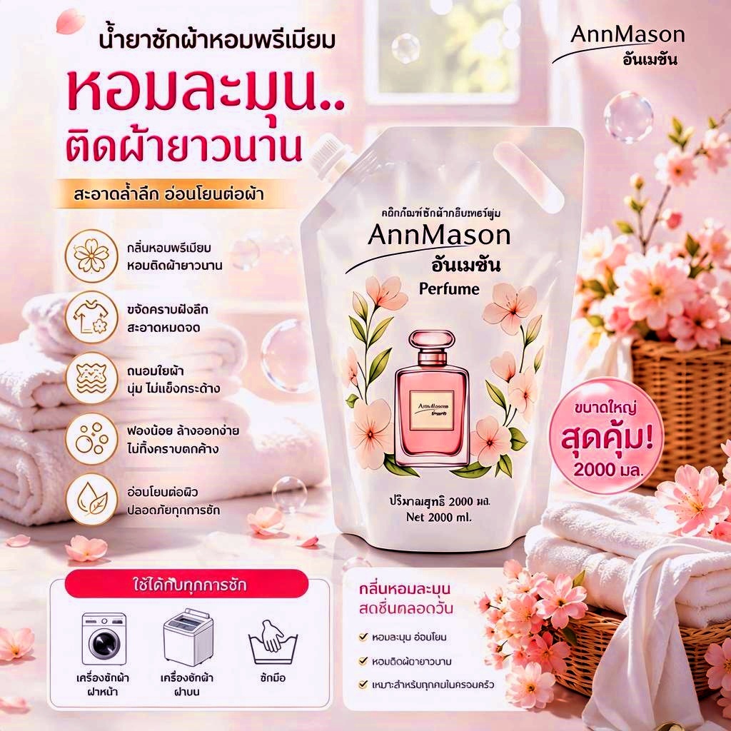 น้ำยาซักผ้า 500ml สูตรเข้มข้น กลิ่นน้ำหอมติดทน ขจัดคราบฝังลึก ปรับผ้านุ่ม อ่อนโยนต่อผิว สำหรับเด็กและผิวแพ้ง่าย AnnMason