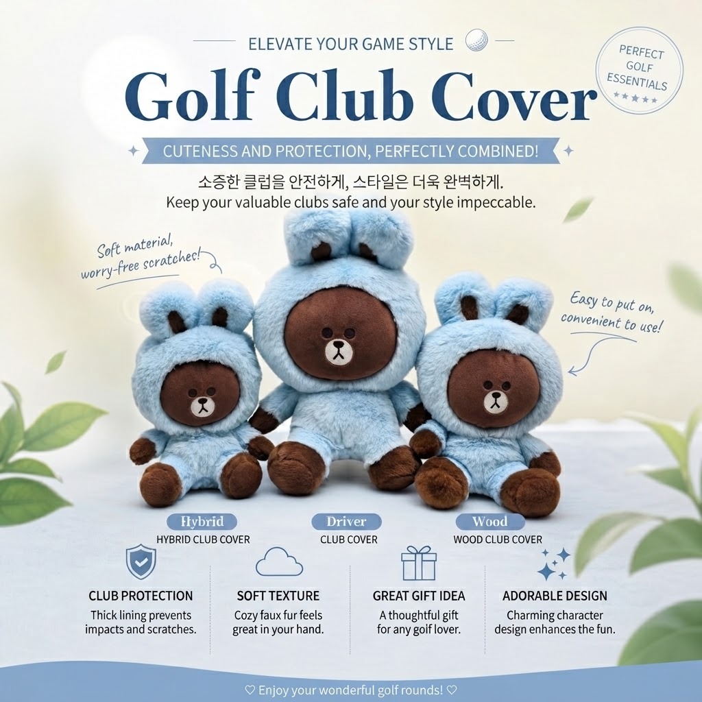 [WICO&GOLF]**Back Open**Golf Club Driver Cover Blue Rabbit Brown /Driver Fits Standard 460cc Driver