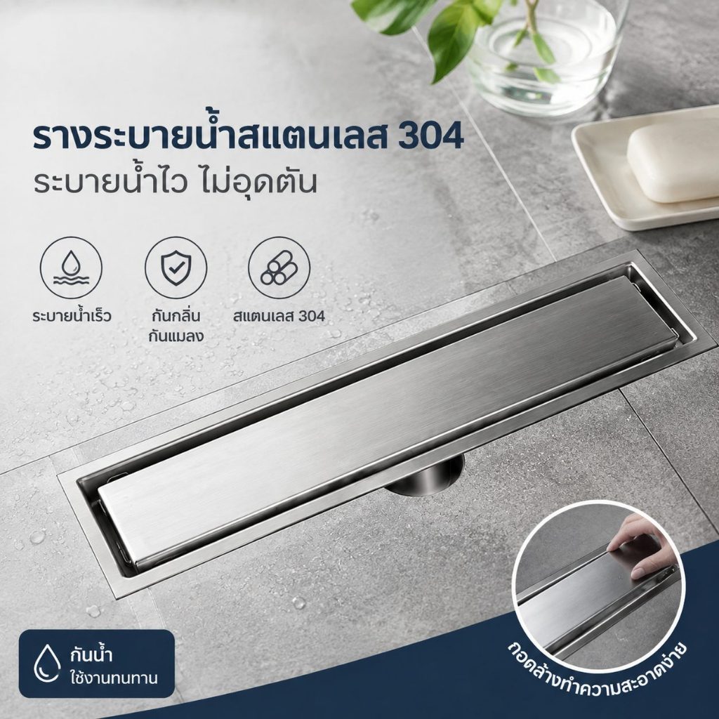 รางระบายน้ำสแตนเลส SUS304 สำหรับพื้น กันกลิ่น กันแมลง ระบบระบายน้ำ 2in1 ใช้งานได้กับห้องน้ำและพื้นที่เปียก