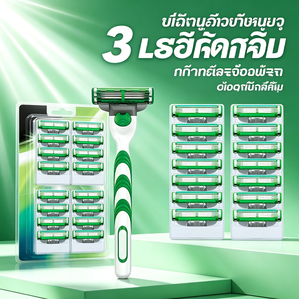 มีดโกนหนวดผู้ชาย แบบมือ 3 ชั้นใบมีดสแตนเลส ด้ามจับกันลื่น โกนเรียบเนียน ไม่ระคายผิว ชุดด้าม+ใบมีดสำรอง