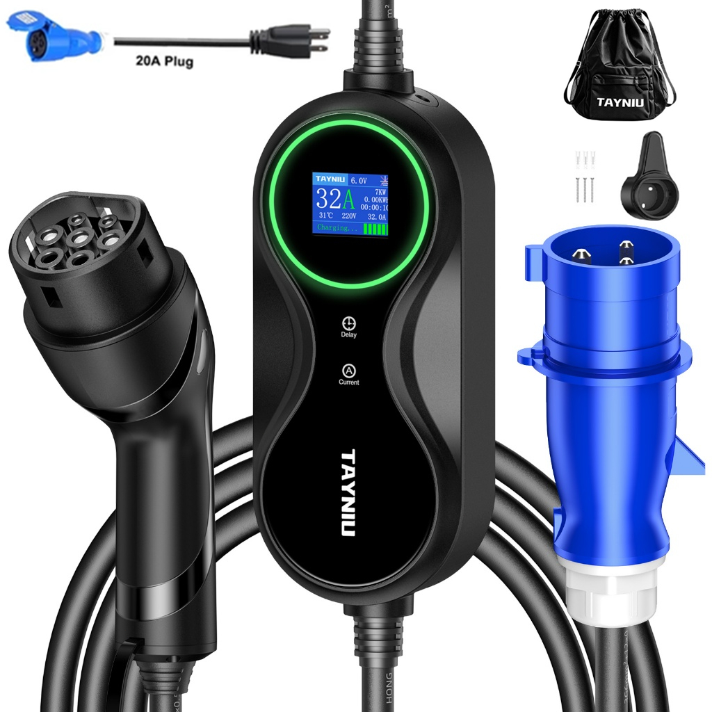 TAYNIU เครื่องชาร์จ EV แบบพกพา 7KW 32A 16A ด้วย APP หน้าจอขนาด 1.8 นิ้ว + อะแดปเตอร์ US 7KW เพื่อ 3.