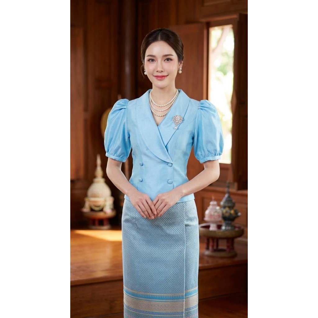 เสื้อไหมสี่เส้นคอกล้วยหอมสีฟ้า (ท03)