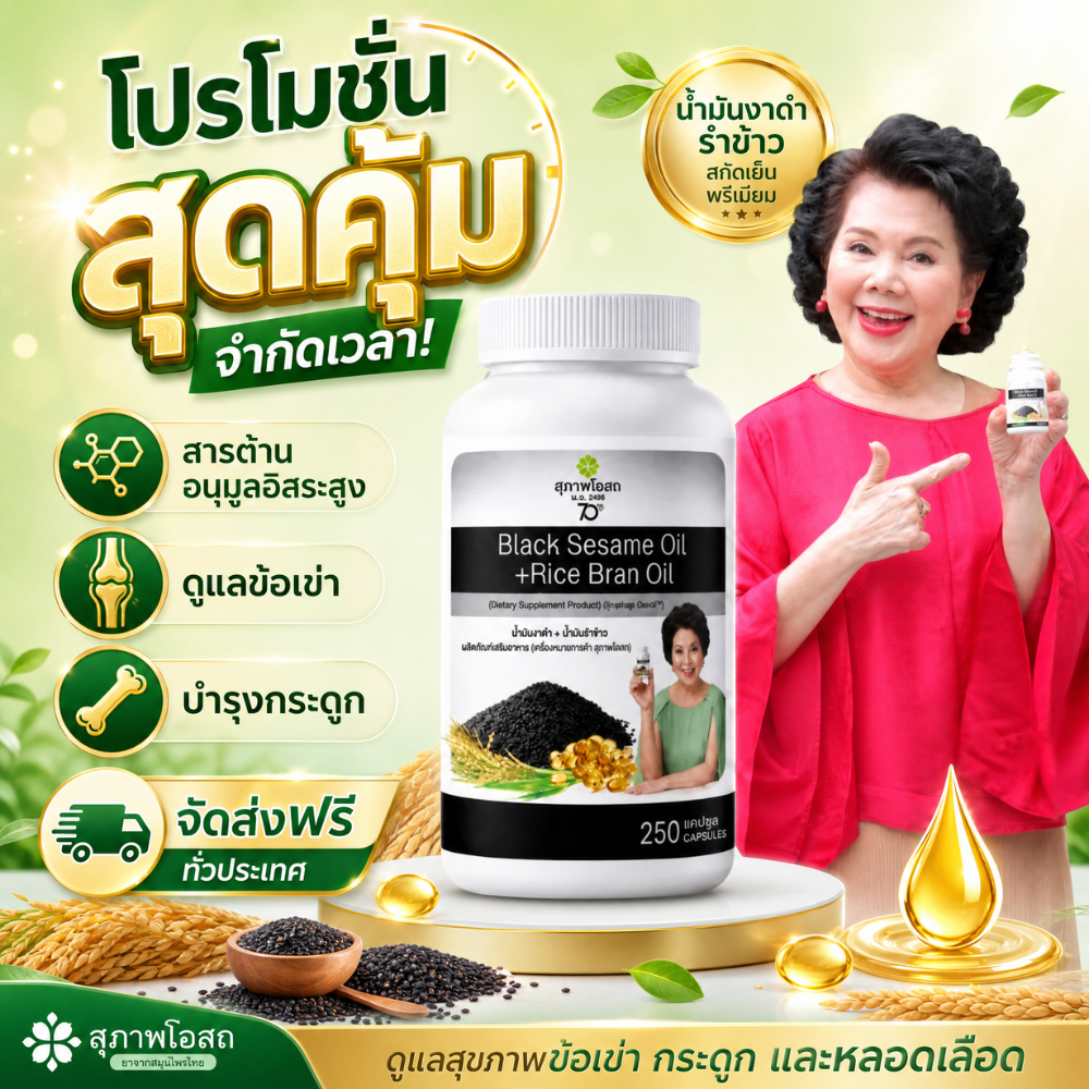 โปรโมชั่นพิเศษ สุภาพโอสถ Black Sesame Oil + Rice Bran Oil 250 Capsules ดูแลโภชนาการ เสริมสุขภาพ ส่งเร็ว