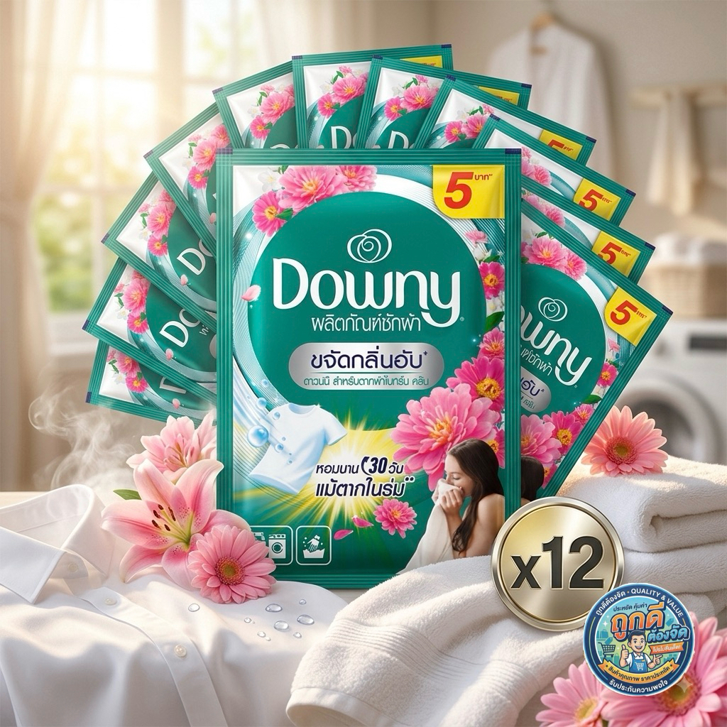Downy ดาวน์นี่ ผลิตภัณฑ์ซักผ้าสูตรน้ำ ขจัดกลิ่นอับ ตากผ้าในร่ม (ซอง 5 บาท) ขนาด 29 มล. (แพ็ค 12 ซอง)