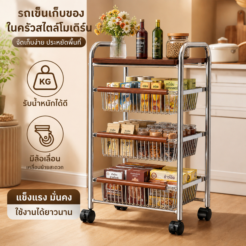 รถเข็นจัดเก็บของในครัว หลายชั้น  เคลื่อนย้ายสะดวก ตะกร้าหิ้วถอดได้สำหรับบ้านคอนโด และพื้นที่ขนาดเล็ก