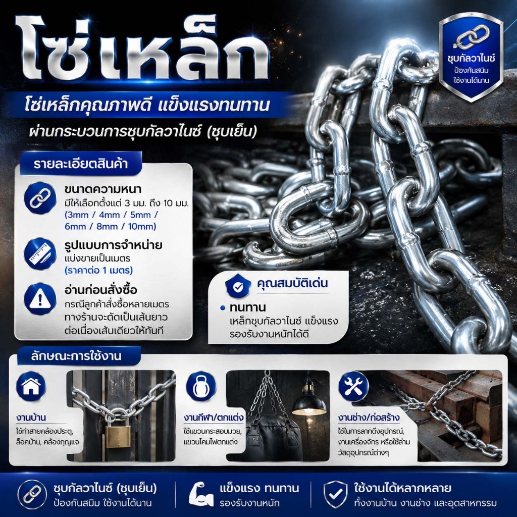 โซ่เหล็กชุบกัลวาไนซ์ กันสนิม โซ่เหล็ก หนา 3mm/4mm/5mm/6mm โซ่คล้องประตู สายโซ่ โซ่คล้องกุญแจ โซ่ล็อคบ้าน โซ่ล่ามของ