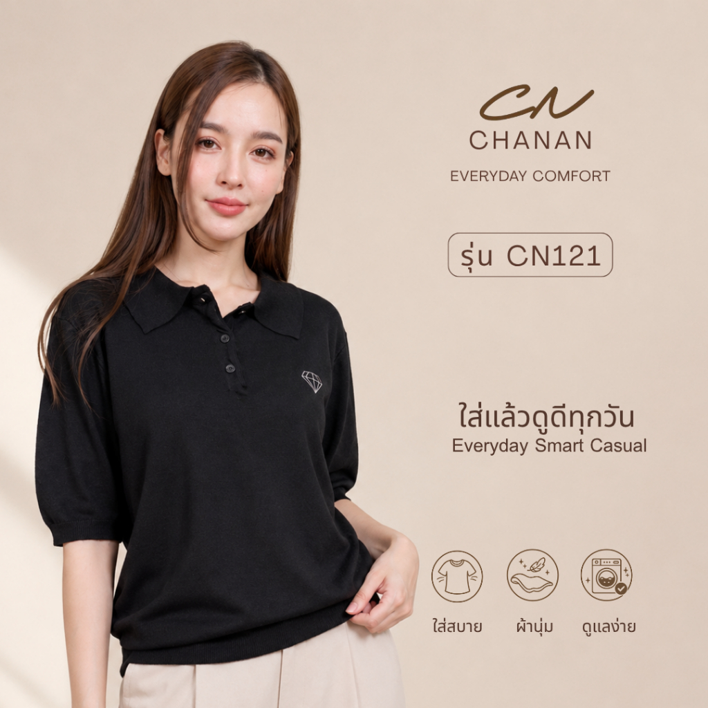 🔥Chanan☘️ CN121  เสื้อไหมพรมคอปก แขนสั้น แต่งกระดุมหน้า ใส่ชิลๆได้บ่อย ดีไซน์คลาสสิก( 6 สี อก 34-46 