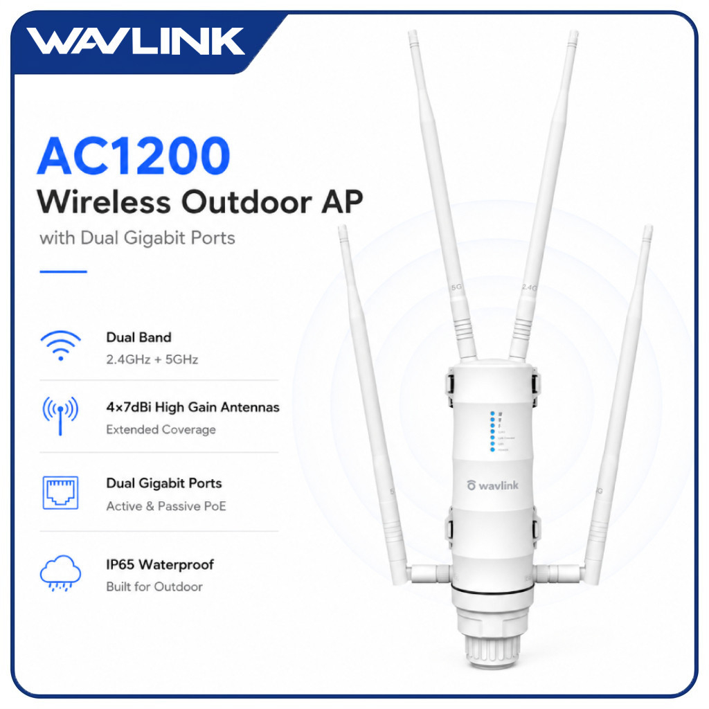 WAVLINK AC1200 เราเตอร์ Mesh กลางแจ้ง ระยะไกล กันน้ำ IP65 รองรับ Active PoE เสาอากาศรอบทิศทาง
