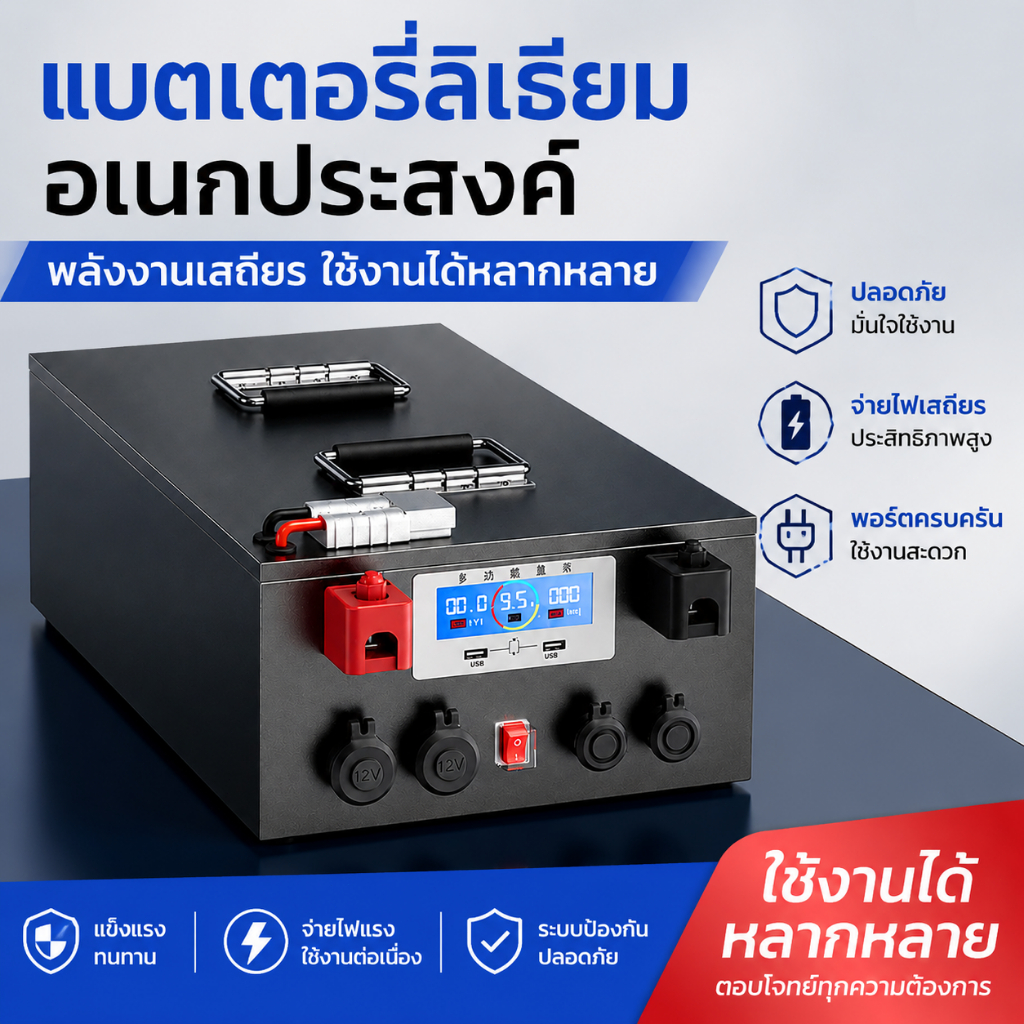แบตเตอรี่ลิเธียม CATL 12V 150Ah พร้อม BMS 100A, จอแสดงผล และที่จับ เหมาะสำหรับใช้เป็นแหล่งจ่ายไฟสำรองและใช้งานกลางแจ้ง