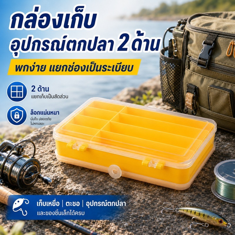 กล่องใส่อุปกรณ์ตกปลา 2 ด้าน ใส่เหยื่อปลอม ตะขอ ลัวร์ แยกช่อง ฝาใส ล็อกแน่น พกพาสะดวก พลาสติกแข็งแรง ทนทาน อเนกประสงค์