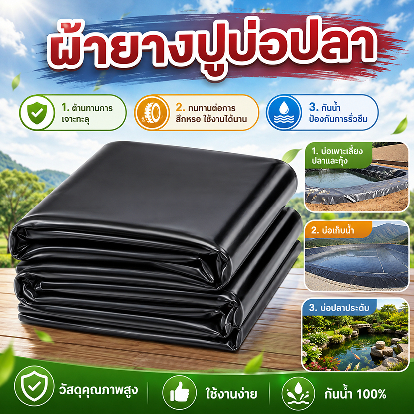 ผ้ายางปูบ่อปลา ความหนา 300/500 ไมโครเมตร  เสริมคุณสมบัติทนแดด ฟิล์มกันซึม สำหรับบ่อเลี้ยงสัตว์น้ำ สระเก็บน้ำ โครงการเกษต