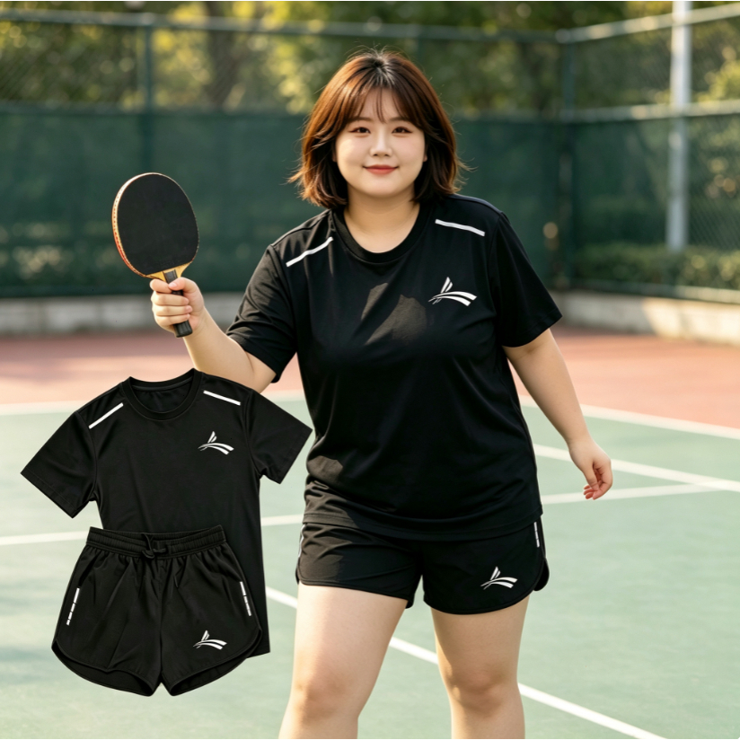 เสื้อออกกำลังกายเซ็ตผู้หญิงไซส์ใหญ่ ใส่อ้วนได้ สำหรับผู้ชายและผู้หญิง เสื้อยืดกางเกงขาสั้นผ้าดรายฟิต ใส่วิ่งเล่นกีฬาเทเบ