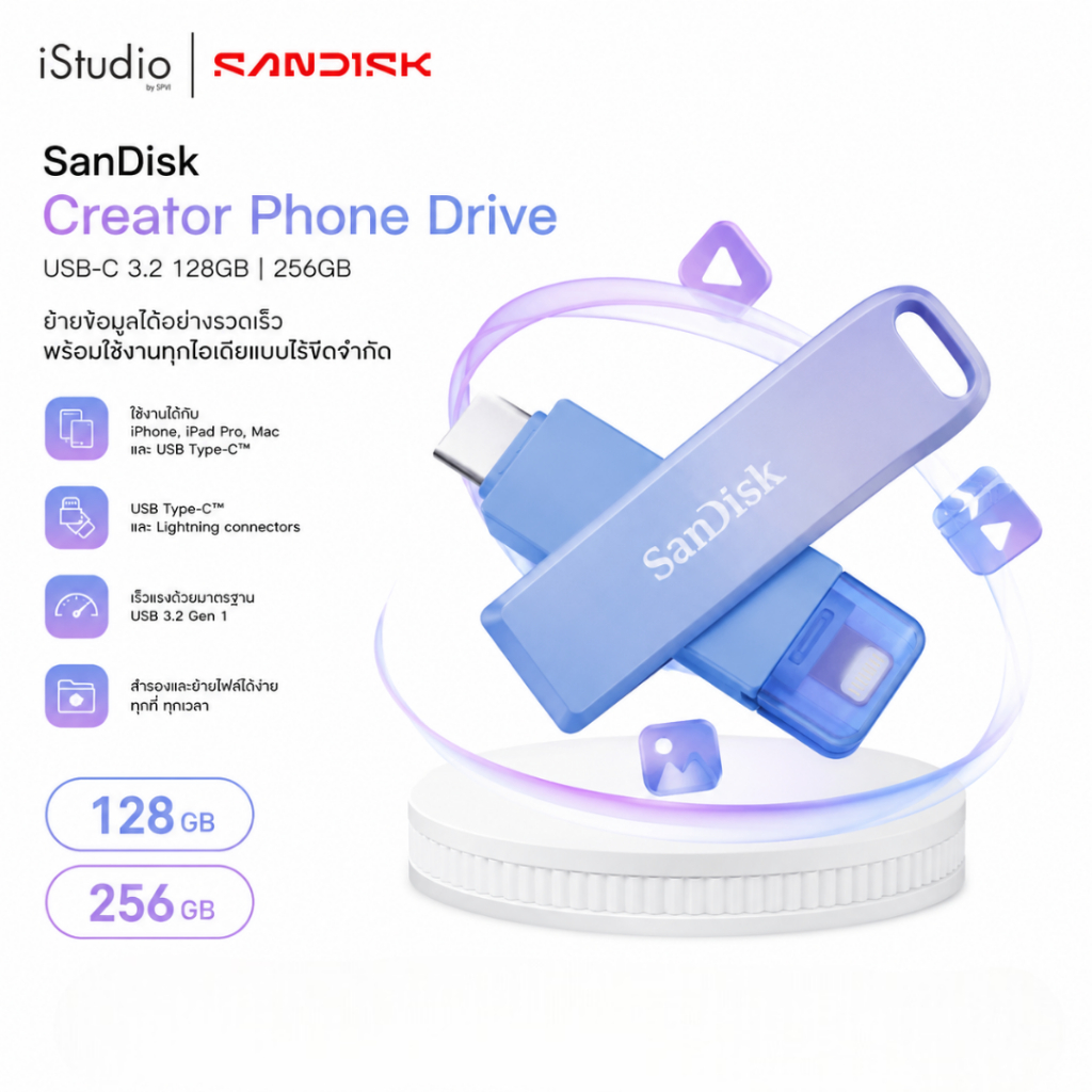 SanDisk Creator Phone Drive Lightning and USB-C 3.2 Flash Drive 128GB/256GB แฟลชไดร์ฟ สำหรับ iPhone 