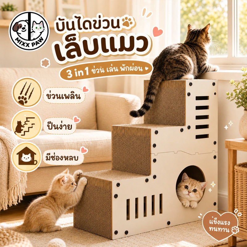 บันไดแมว 3 ชั้น บ้านแมวขนาดใหญ่กระดาษลูกฟูก บ้านแมวกระดาษบันได ประหยัดพื้นที่ บดกรงเล็บเล่น 2 ใน 1