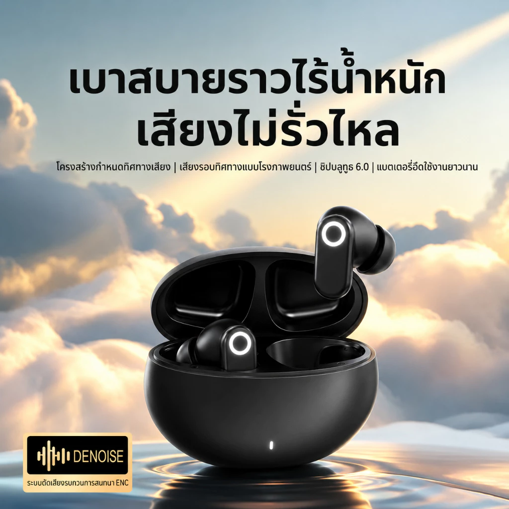 หูฟังบลูทูธไร้สาย TWS Bluetooth 6.0 ตัดเสียงรบกวน ENC ไมค์คมชัด แบตอึด ใส่สบาย รับประกัน 12 เดือน ส่งฟรีทั่วไทย