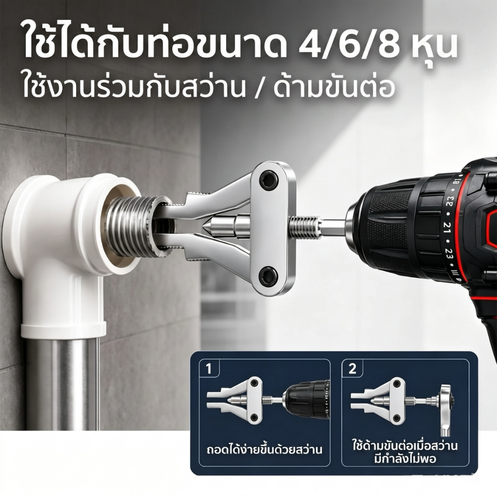 ตัวถอนเกลียวซ้าย ถอดท่อหัก ถอดก๊อกน้ำ อเนกประสงค์ 3 in 1 (4 หุน/6 หุน/1 นิ้ว) ปากปรับได้ ใช้กับสว่านและมือหมุน
