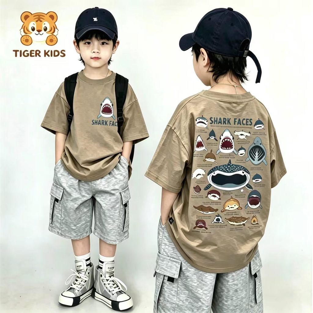 CODเสื้อยืดแขนสั้นเด็กลายฉลาม สไตล์เกาหลี สำหรับเด็กชาย-หญิง ฤดูร้อนปี 2026 จัดส่งภายใน 24 ชั่วโมง