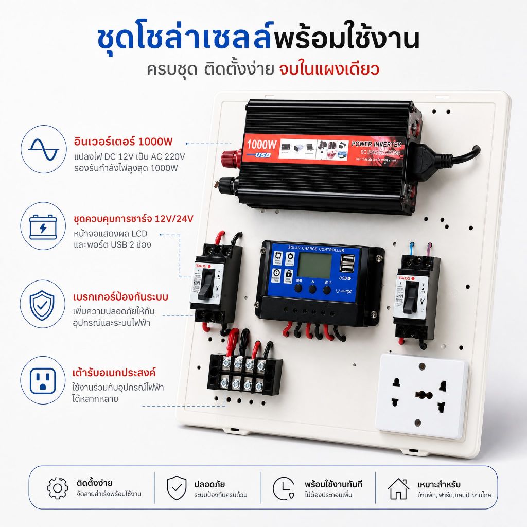 🔥ชุดนอนนา1000W🔥 อินเวอร์เตอร์ ชุดคอนโทรล ชุดโซล่าเซลล์ มีเบรคเกอร์ตัดวงจร