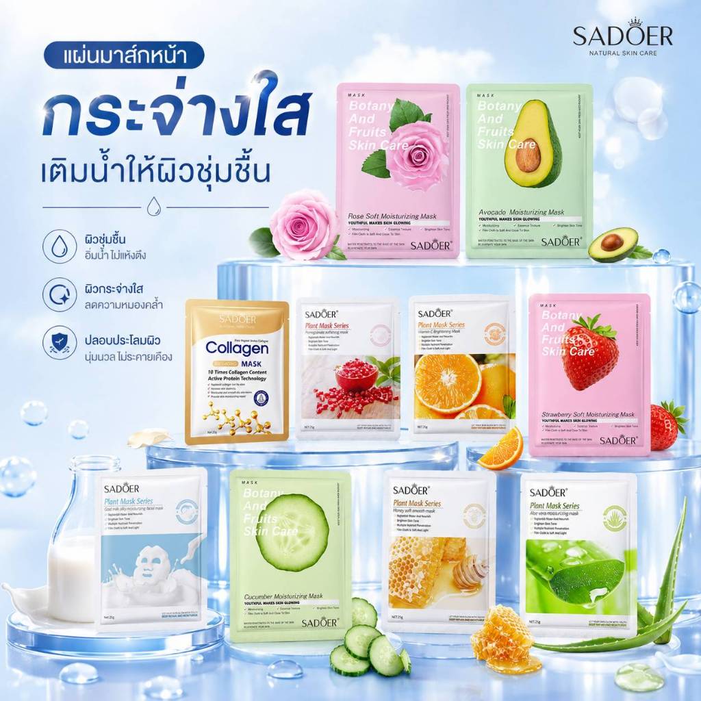 แผ่นมาส์กหน้าใส SADOER ผิวหน้าชุ่มชื้น กระจ่างใส ลดเลือนริ้วรอย (คละสูตร)